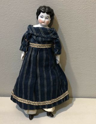 Antique Vintage China Head Doll Blue Calico Fabric Dress 1800’s