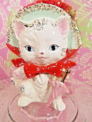 Vtg Lefton Kitty Cat Shopper Girl W Pink Umbrella Polka Dot Bow Head Vase