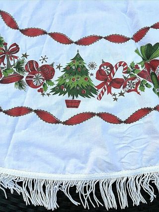 Vintage Christmas Tablecloth Round Shiny Brite Ornaments Candy Canes Trees