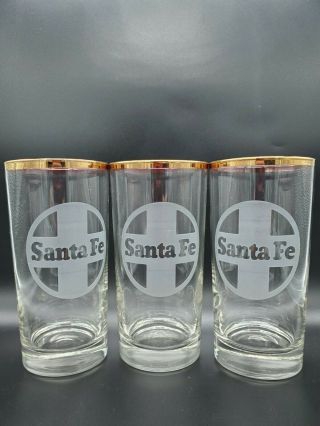3 Vintage Santa Fe Railroad 12 - Oz Drink Glasses Tumblers Atsf Trains Gold Gilt