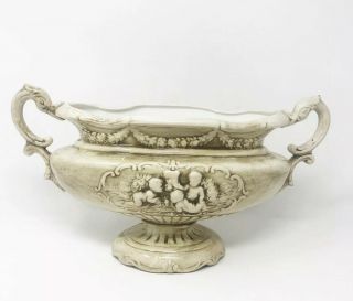 Vintage Ornate Ceramic White Cherubs Angels Compote Vase Planter Centerpiece