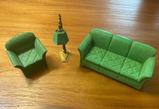 Vintage Tootsie Toy Metal Doll Furniture - Green Sofas And Lamp Set