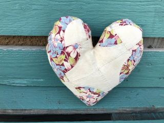 Primitive Quilted Heart Pillow - Vintage Quilt - White/blue/green,  Dark Maroon