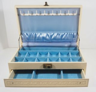 Vtg Mele Ivory Leatherette Jewelry Box 2 Tier Blue Velvet Retracting Drawer