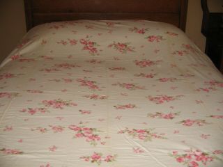 Vintage Cotton Flannelette Blanket Pink & White Cabin Cottage Roses 66 X 80 Camp