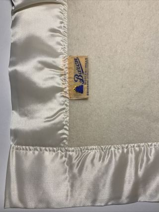 Vintage Baron Woolen Mills Satin Trim 100 Wool Blanket Cream 58”x45” 2