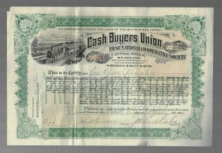 Vintage Stock Certificate Cash Buyers Union Of Jersey 1905 Railroad Vignette