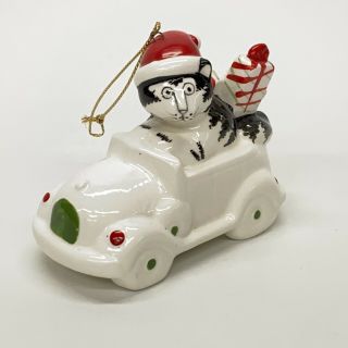 Vintage Kliban Cat Christmas 1981 Ornament Driving Car In Santa Hat With Gifts