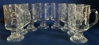 Vintage Set Of 8 Etched Clear Glass Floral Irish Coffee Mugs