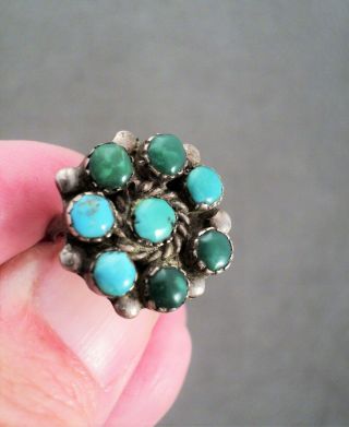 Vintage Old Turquoise Cluster & Sterling Silver Ring Size 7 Green & Blue Stones
