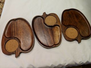 Vintage Set 3 Wood Apple Shape Snack Tray Coasters Gail Craft Quality Woodenware