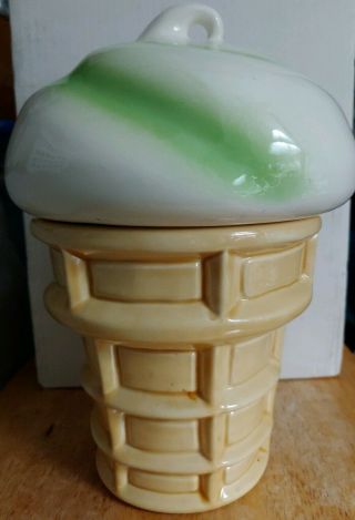 Vintage Vanilla Green Swirl Ice Cream Cone Cookie Jar Ceramic