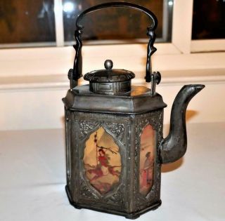 Vintage Chinese Pewter Wine Pot Teapot Hexagon Shape 6 Pictorial Glass Panels