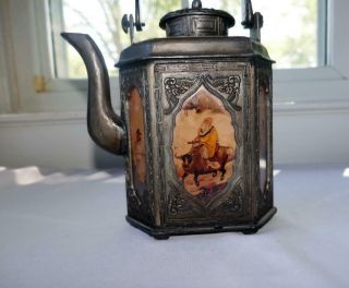 VINTAGE CHINESE PEWTER WINE POT TEAPOT HEXAGON SHAPE 6 PICTORIAL GLASS PANELS 3