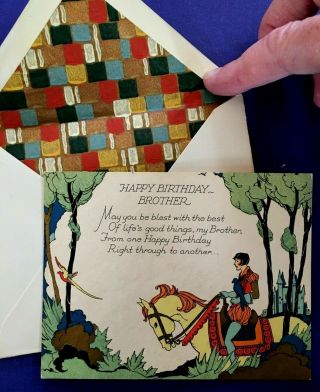 Vintage Greeting Card 1930s Happy Birthday Brother Knight Horse Castle