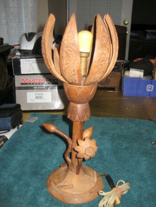 Vintage Hand Carved Lotus Flower Wooden Lamp
