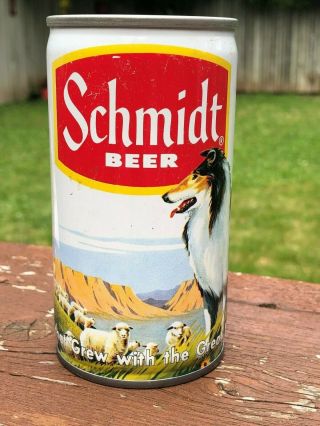 Vintage 1970 ' s Schmidt Beer Can Collie Dog Sheep Ranch Land Scene Pull Tab Steel 2