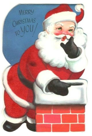 Vintage Rust Craft Christmas Greeting Card Santa Claus Chimney 1950 