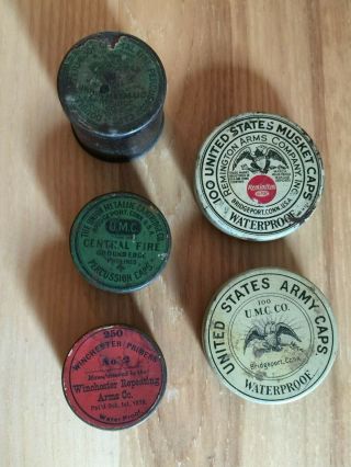 5 Different Vintage Percussion Cap Tins With Remington Winchester Umc