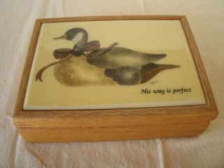 Vintage Wood Jewelry Box,  Duck Tile Lid,  Signed,  By Kimberly Graphic Art Tile,
