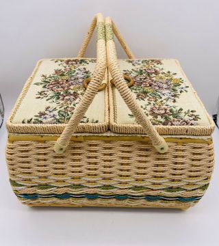 Vintage Wicker Rattan Tapestrey Sewing Storage Basket Double Handle Large
