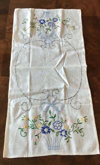 Vintage Embroidered Dresser Scarf Or Table Runner,  34” X 11”