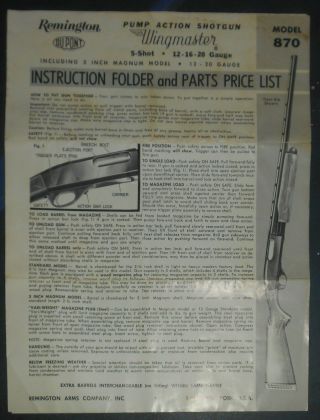 Vintage Remington Pump Model 870 Instruction Folder And Parts List
