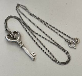 Vintage Sterling Silver Natural Diamond Heart Key Pendant Necklace Rj 925