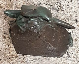 Vintage Bronze Frog On A Rock Statue Figurine Bookend Sculpture 5 1/2 " Tall