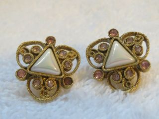 Vintage Deco Style Gold Filigree Faux Pearl With Rhinestone Earrings