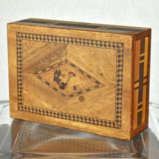 Vintage Marquetry Inlaid Wood Inlay Hidden Secret Puzzle Trick Box Scottie Dogs