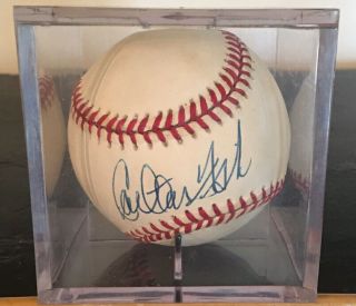 Carlton Fisk Autographed Baseball.  Official Ball American League.  Plexiglass Cube