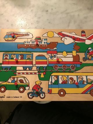Vintage Wooden Toddler Peg Puzzle Transportation Simplex Holland