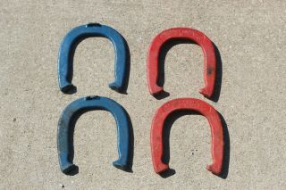 Vintage Double Ringer Horseshoes Set Red Blue