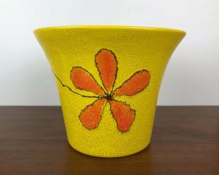 Vtg Mid Century Modern,  Bright Yellow,  Ceramic Floral Pattern Flower Pot Planter