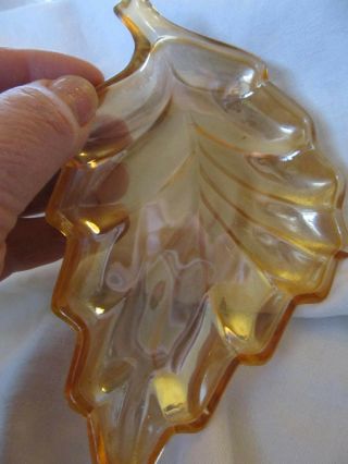 Vintage Marigold Carnival Glass Leaf Shape Trinket Candy Dish 3