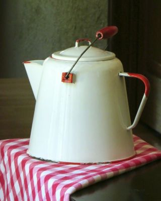 Vintage Charming White Oversized Enamelware Coffee Pot Kettle W/ Red Wood Handle