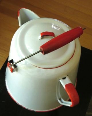 Vintage Charming White Oversized Enamelware Coffee Pot Kettle w/ Red Wood Handle 2