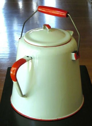 Vintage Charming White Oversized Enamelware Coffee Pot Kettle w/ Red Wood Handle 3