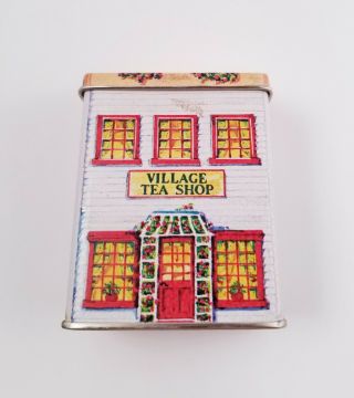 Vintage Collector Tin Lillian Vernon Village Tea Shop 1984 White Brick House