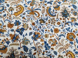Vintage Cotton Blend Fabric Cream W/blue - Gold - Brown Floral Design 3/4 Yard