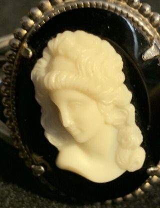 Vintage Victorian Mourning Bracelet/cameo White On Black Celluloid Silver - Tone