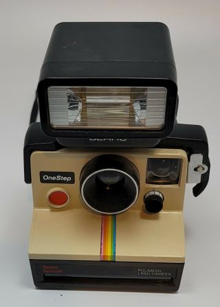 Vtg Polaroid Sx - 70 One Step White Rainbow Stripe Land Camera With Sears Flash