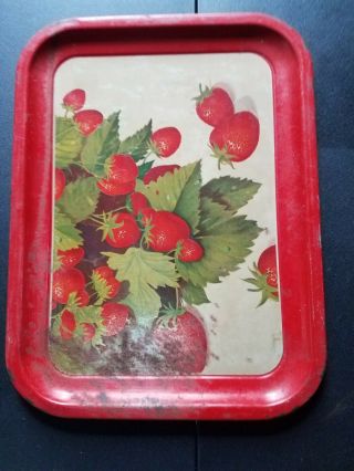 Vintage Red Strawberry Print Metal Tray Serving Lap Tv Trays Mid Century