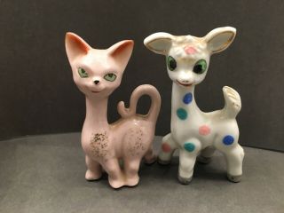 2 Pc.  Set Vintage Polka Dot Goat & Pink Cat Ceramic Figurines Made In Japan