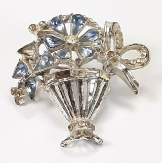 Vintage 1940s Blue And Clear Rhinestone Flower Basket Pin