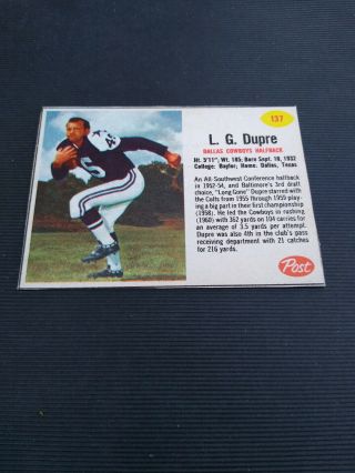 L.  G.  Depre Dallas Cowboys Vintage 1962 Post Cereal Football Card 137