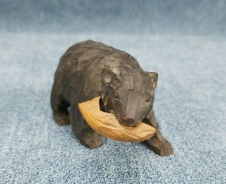 Vintage Wooden Hand Carved Black Bear With Fish In Mouth Miniature Figure