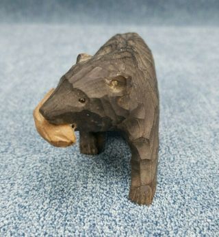Vintage Wooden Hand Carved Black Bear with Fish in Mouth Miniature Figure 2
