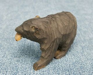 Vintage Wooden Hand Carved Black Bear with Fish in Mouth Miniature Figure 3